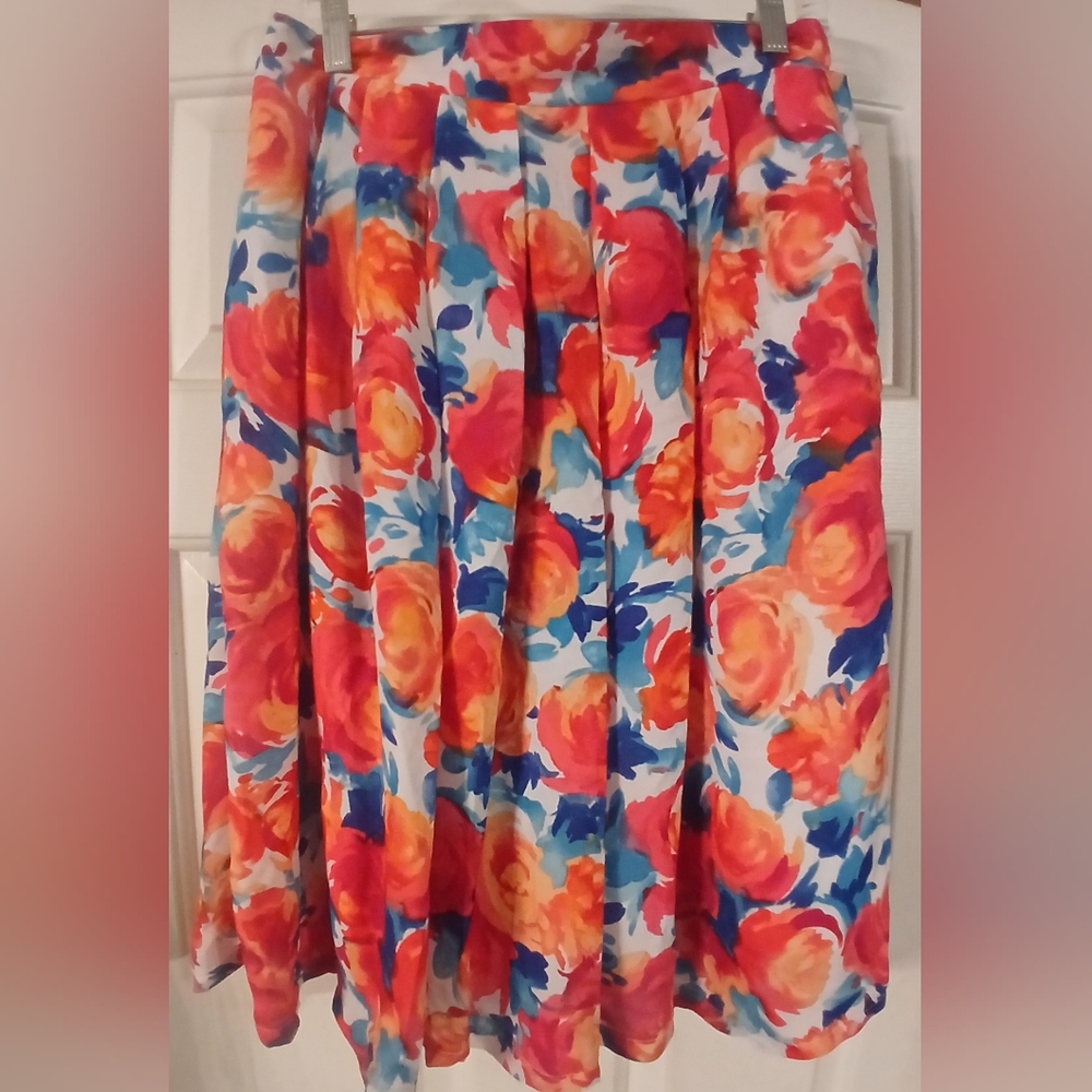 Rainbow Georgette Floral Skirt Waist Elastic Women Lined Below Knee Length M